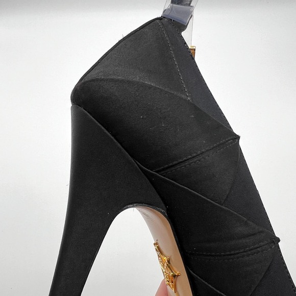 CHARLOTTE OLYMPIA Heels Womens 37 Black Gold Satin Pump Platform Ankle Strap - Picture 14 of 15